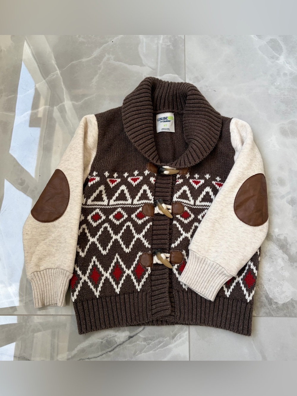 Genuine Kids OshKosh Boys 4 Brown Shawl Collar Cardigan Sweater Elbow Patches